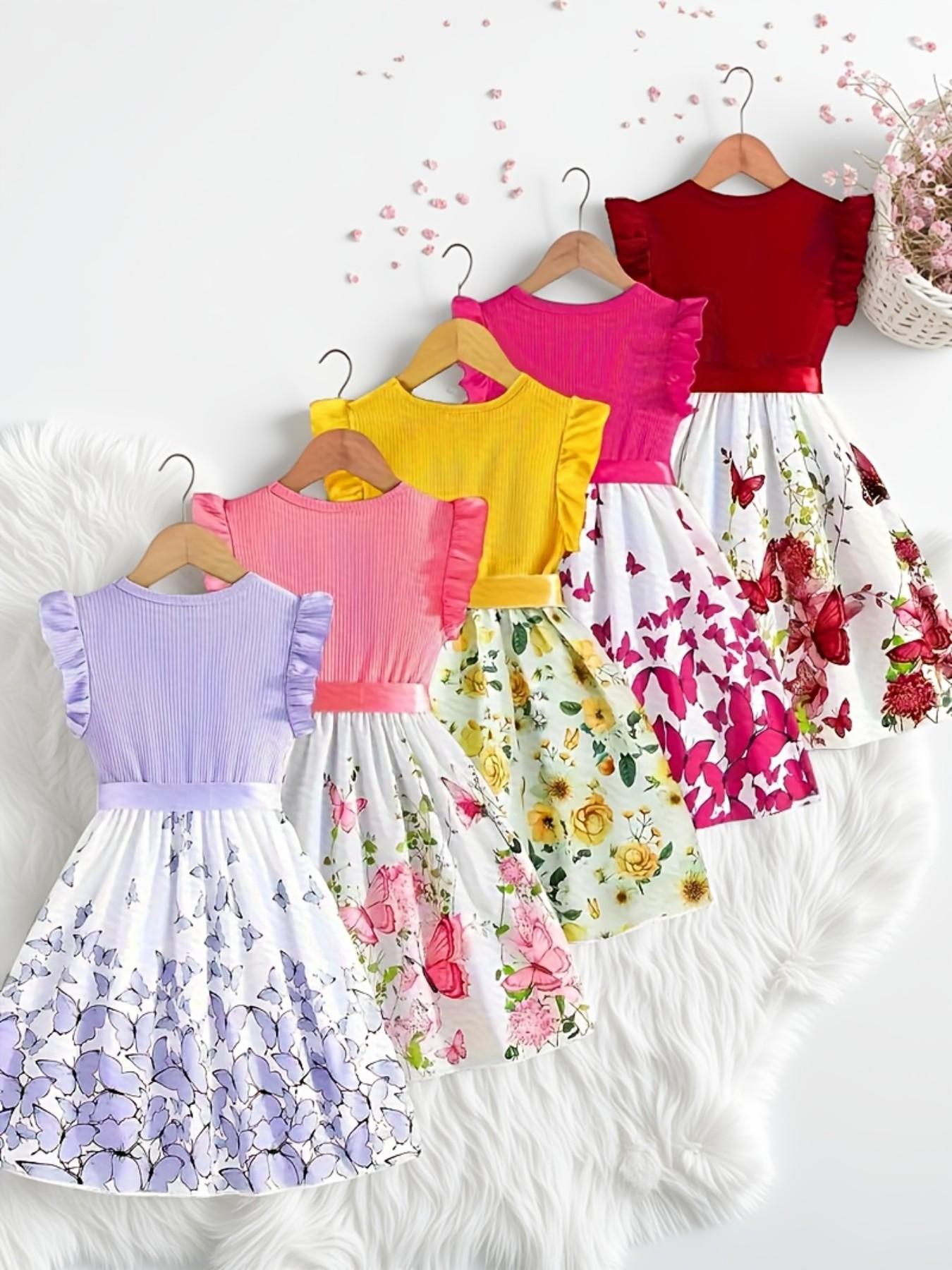 Girls' Floral Dress with Ruffled Sleeves, Casual Summer, Essential Kids Fashion, Mother-Daughter Matching Clothes#kidswear #floraldress #toddlerootd #mommyandme