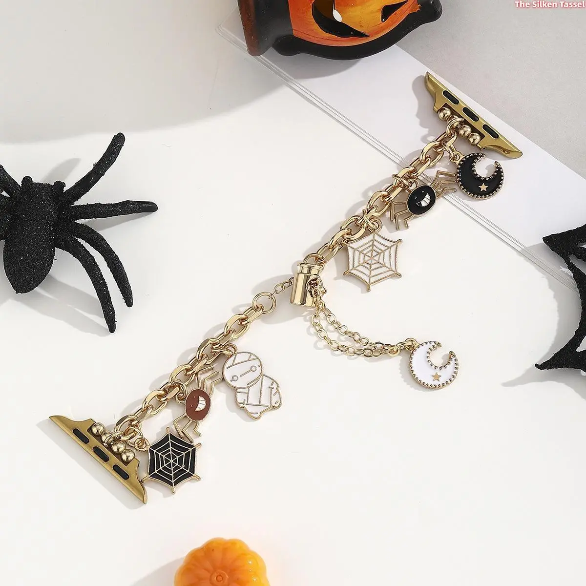 Cute Gothic Halloween Dangle Chain Watch Strap for Apple Watch All Sizes Ultra 2 SE Series 1-11, Spider Web Mummy Moon Enamel Charm Decorative Jewelry Bracelet Girly Smart Watch Accessory (Watch Band Only, Not For Sports) tiktokshopbacktoschool