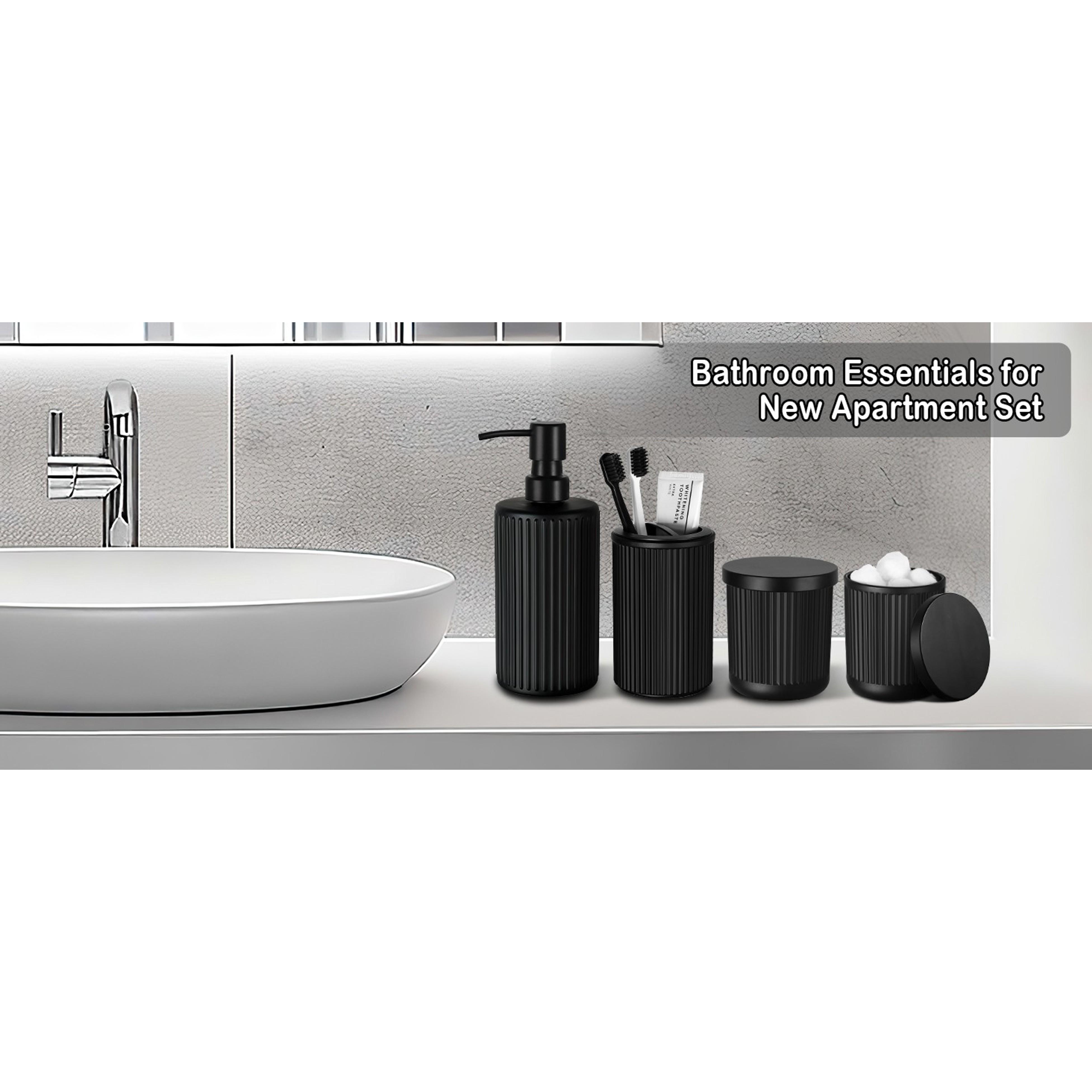 Matte Black 4-Pc Glass Bathroom Accessories Set - Stainless Steel Pump Soap Dispenser, Toothbrush Holder, Wipe-Clean Organiser, Qtip Holder for Modern Home Sink Decor