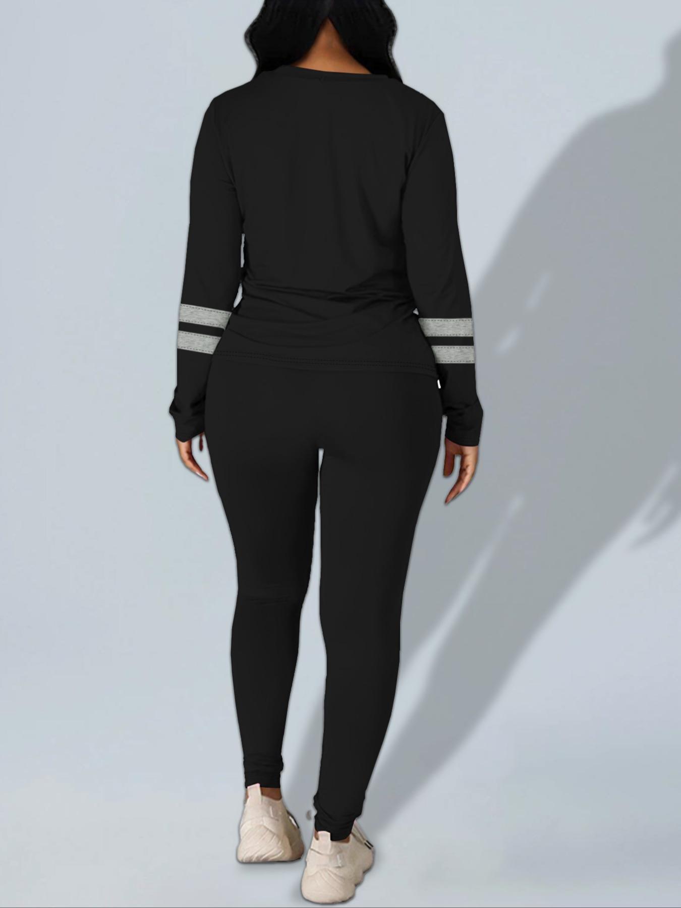 Women's Fall New Colorblock Round Neck Long Sleeve Top & Skinny Pants Set, Casual Two-Piece, Comfortable Fashion Clothing