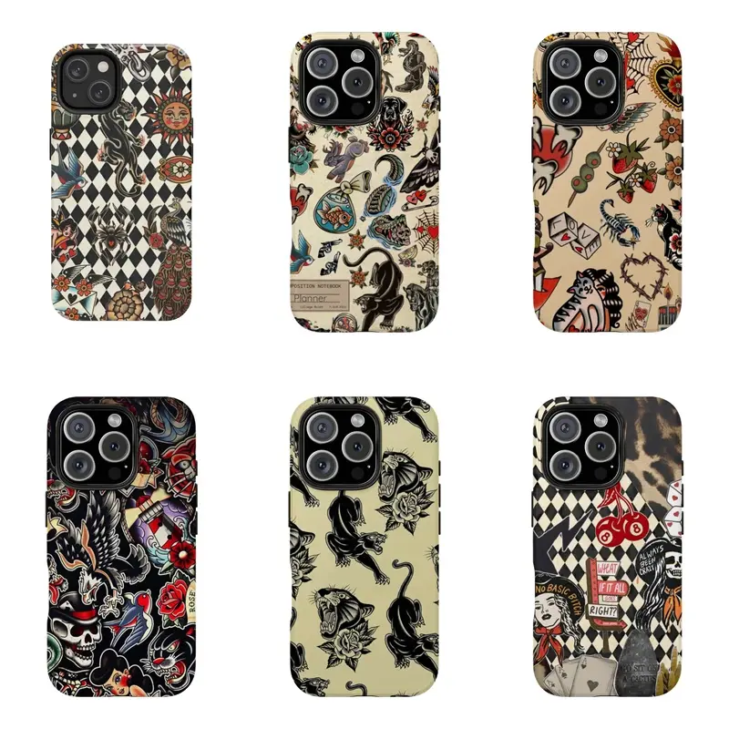 Shockproof Waterproof Retro Tattoo Print Phone Case - Magical Vintage Watercolor Motifs, Preppy Aesthetic, Tough Polycarbonate TPU Material, Handheld Mobile Phone Accessories That Fits iPhone 11 13 14 15 16 17 Pro Max