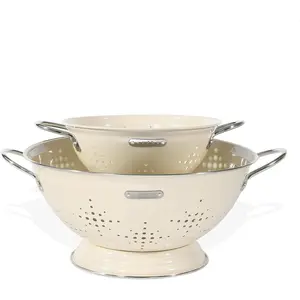 Metal Colander 2 Pack, Strainer Bowel with Handles 2Qt & 6Qt Powder Coated Solid Ring Base Heavey Duty Kitchen Drainer Basket for Pasta Veggies and Fruits,New Home Apartment Essentials (Almond Cream)