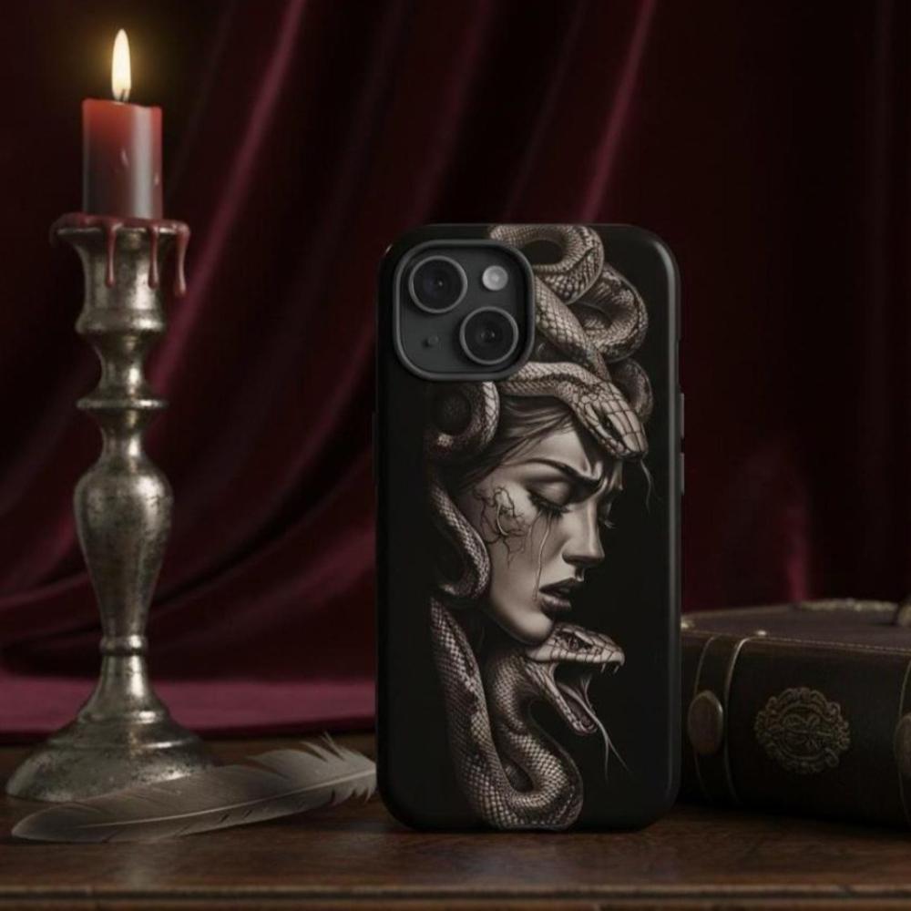 Dark Medusa Snake Gothic Mythology Pattern 2-in-1 Glossy Film Phone Case - Sturdy, Rustic, Shockproof, Anti-Scratch TPU Protective Cover Compatible with iPhone 17, 16, 15, 14, 13, 12, 11 Pro Max Plus & Samsung Galaxy S24 Plus, S25, S22+, Ultra, FE, Edge