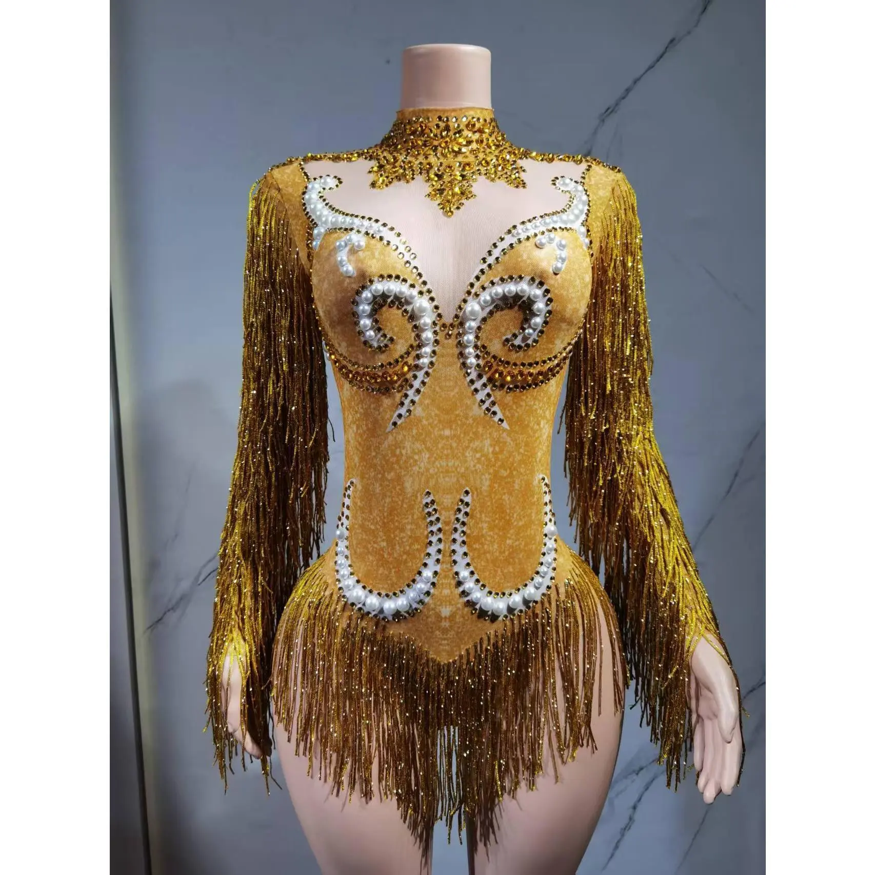Women Dance Show Costume Birthday Party Outfit Luxury Gray Fringe Silver Rhinestones Pearls Transparent Bodysuit