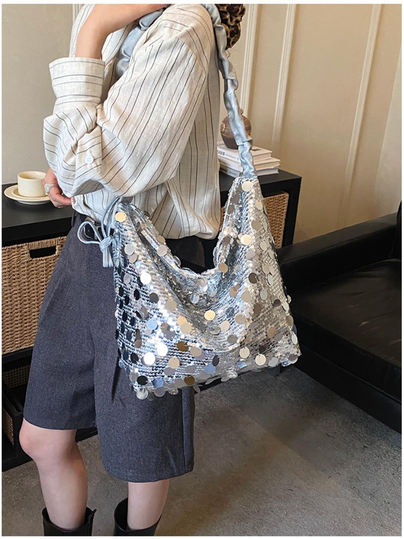 Luxury Sequined Handbag for Women, Silver Color, Large Capacity, Zip Closure, Party, Nightclub, Wedding, Concert