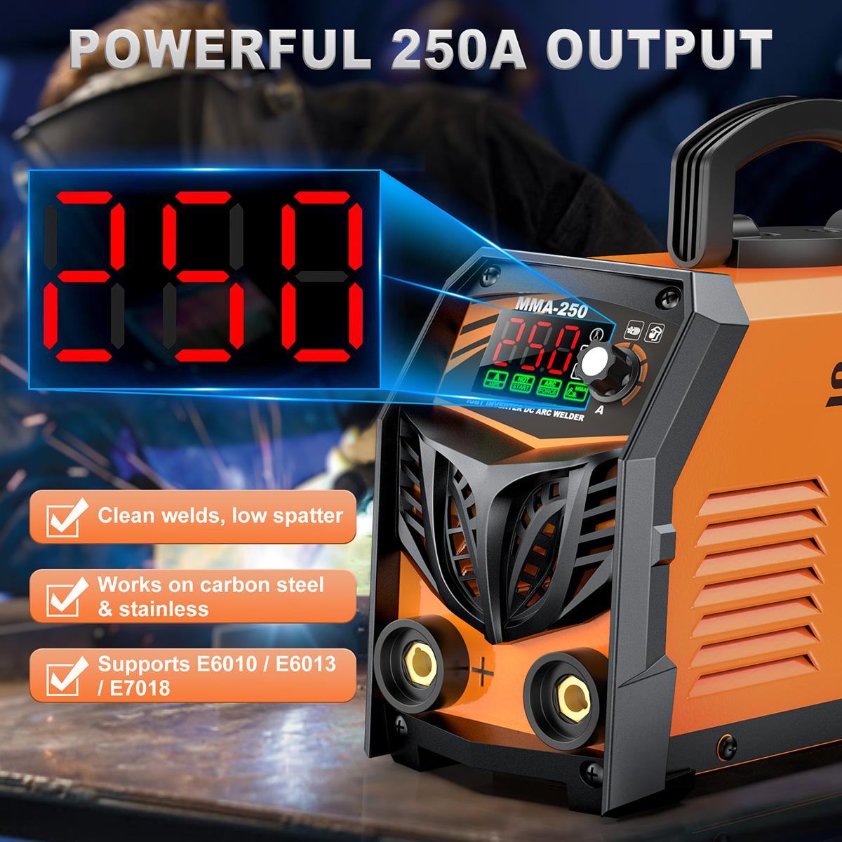 SOARFLY 250A Mini Welder Machine – 5000W 110V/220V Stick Welder with Large LED Display, Electrode Holder, Earth Clamp, Welding Rods & Gloves