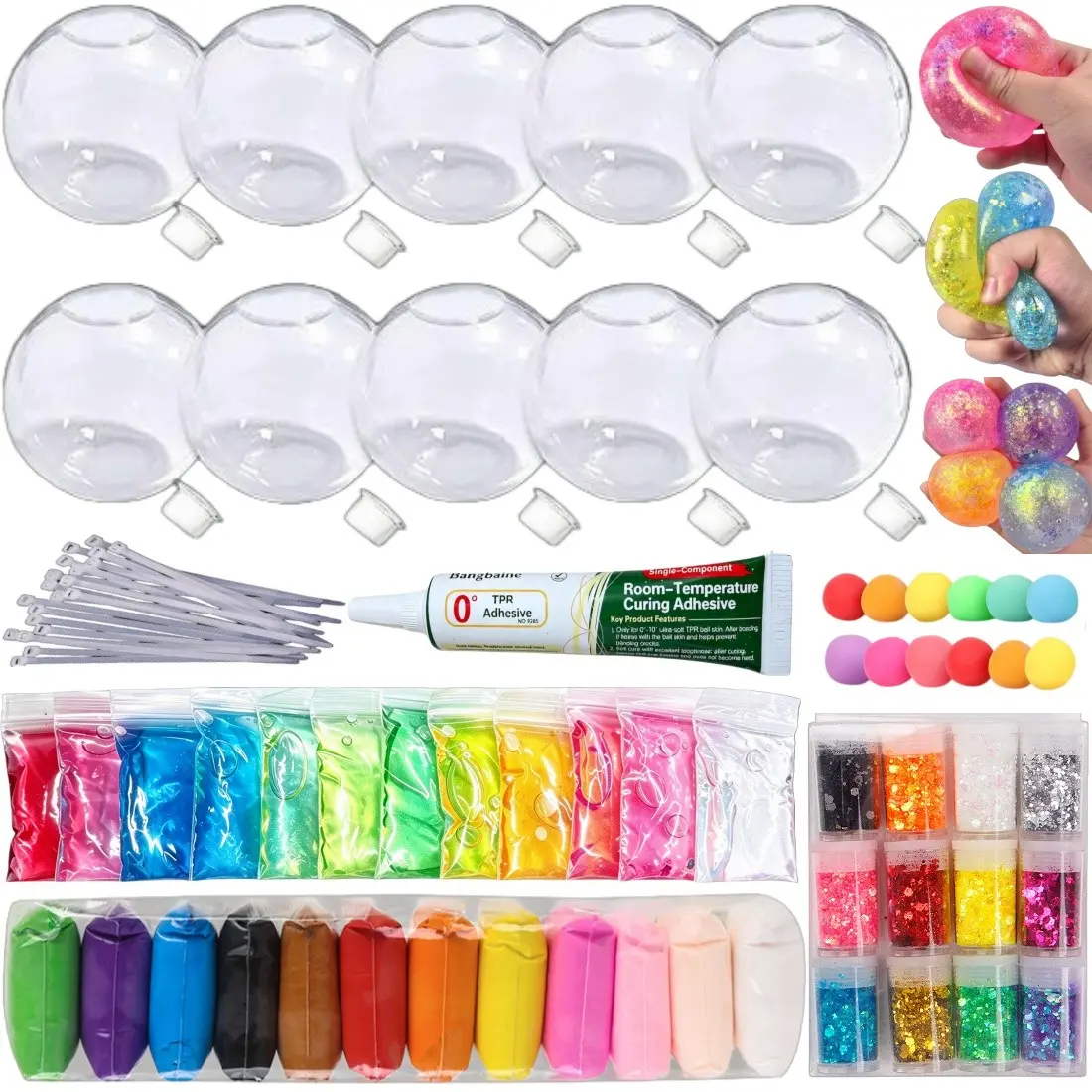 【Black Friday】DIY Stress Ball Kit, Decompression squishy maker, includes 12 colors of slime, clay, glitter powder, and 10 spherical transparent blank skins, a kneadable stress ball making kit, suitable for making stress relief soft balls