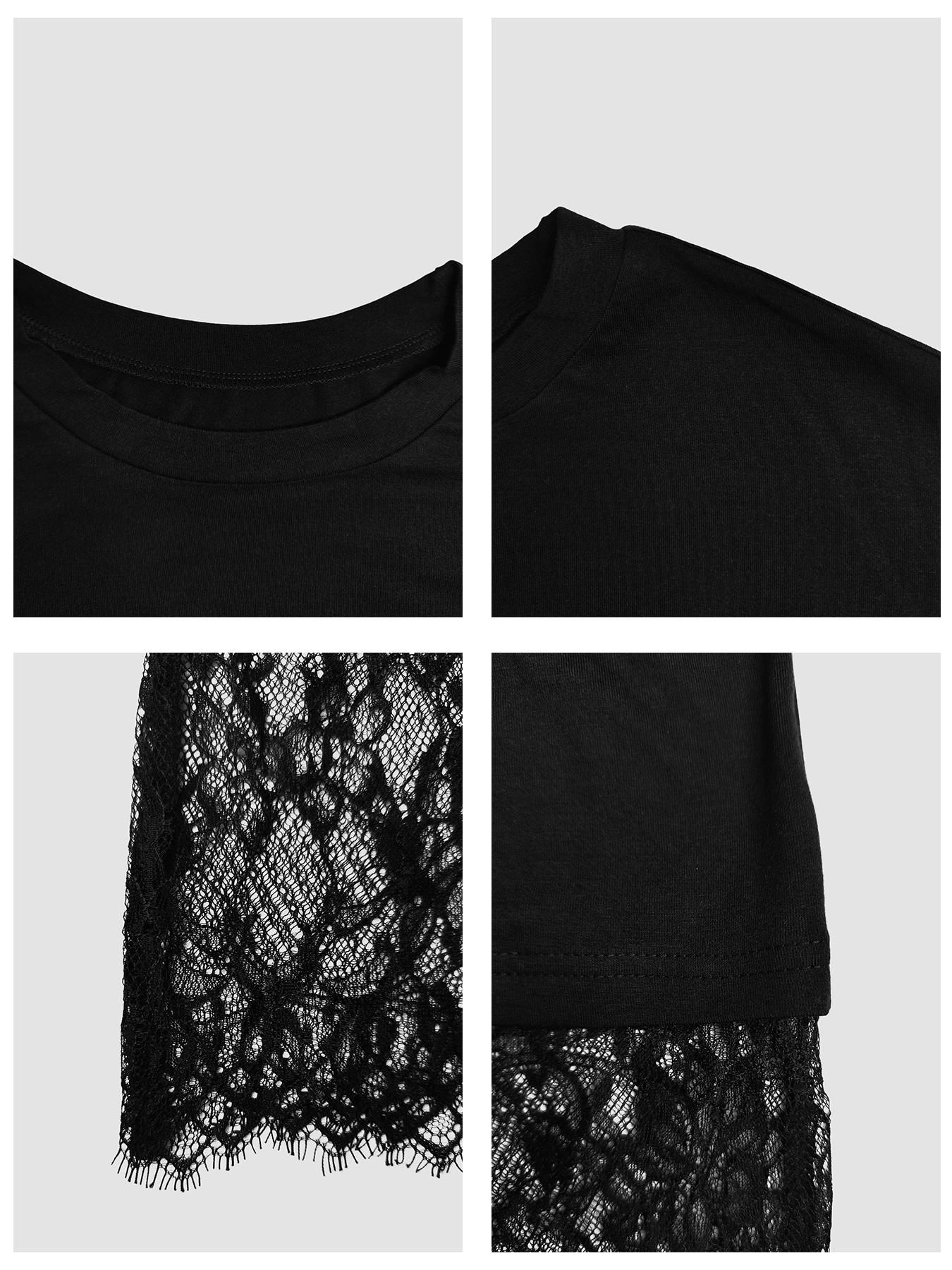 Women's Two-Layer T-Shirt Dress, Womenswear, Crew Neck, Oversized Short Sleeve Knitted Outer, Patchwork, Sheer Floral Lace Midi Underlayer, Soft Breathable Fabric, Casual Daily, Date Night & Party Wear, Edgy Dark Feminine Style