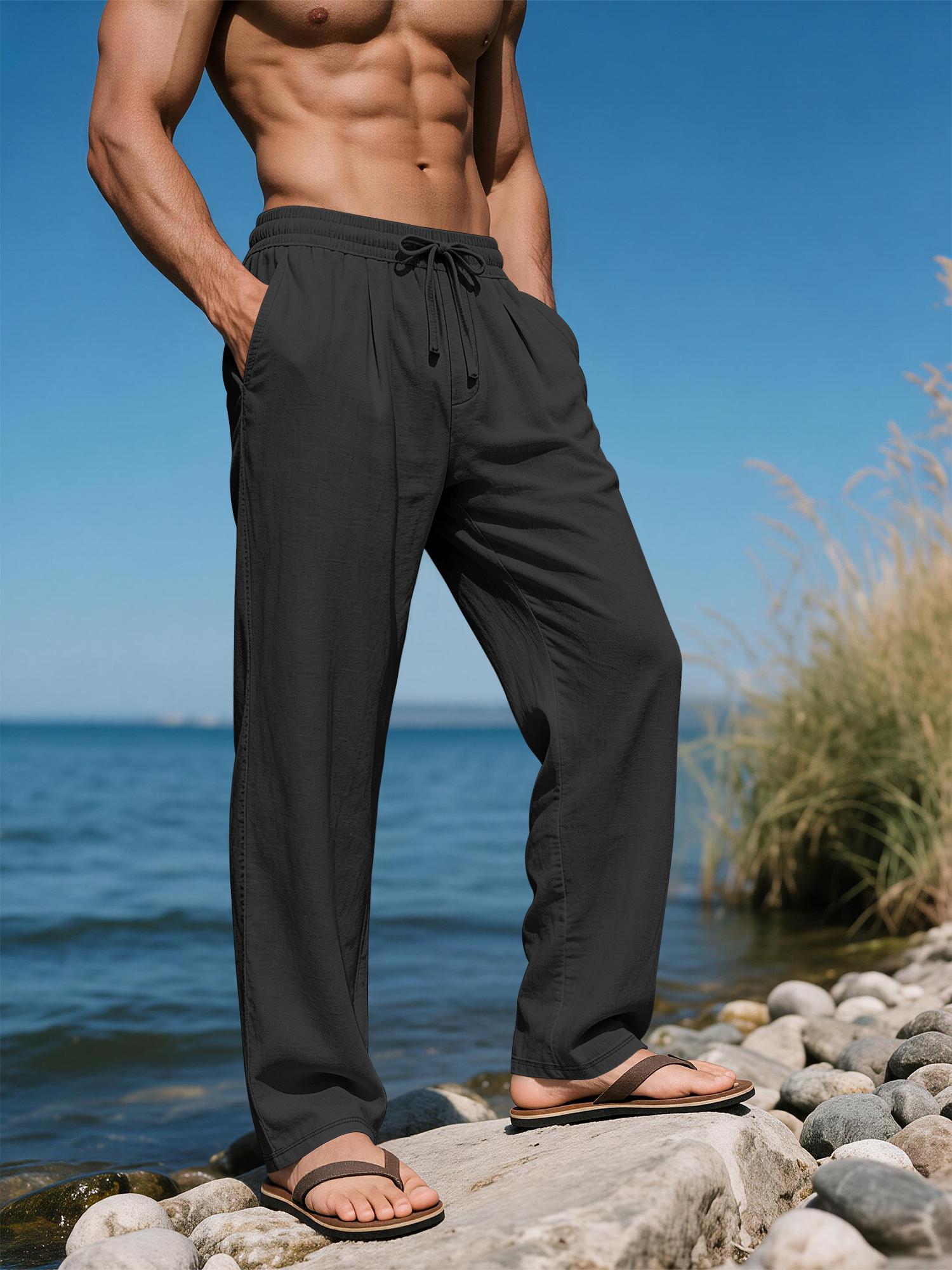 Men's Linen Long Plain Casual Drawstring Waist Trousers Pants, Breathable Tropical Summer Wear, Perfect for Beach, Travel and Commute, Fashionable Bottoms for Men, Casual Comfy Trousers
