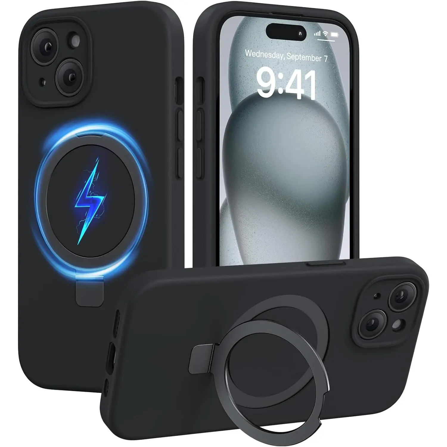 Miracase Silicone & Magnetic for iPhone 15 Case with Stand, Midnight Black