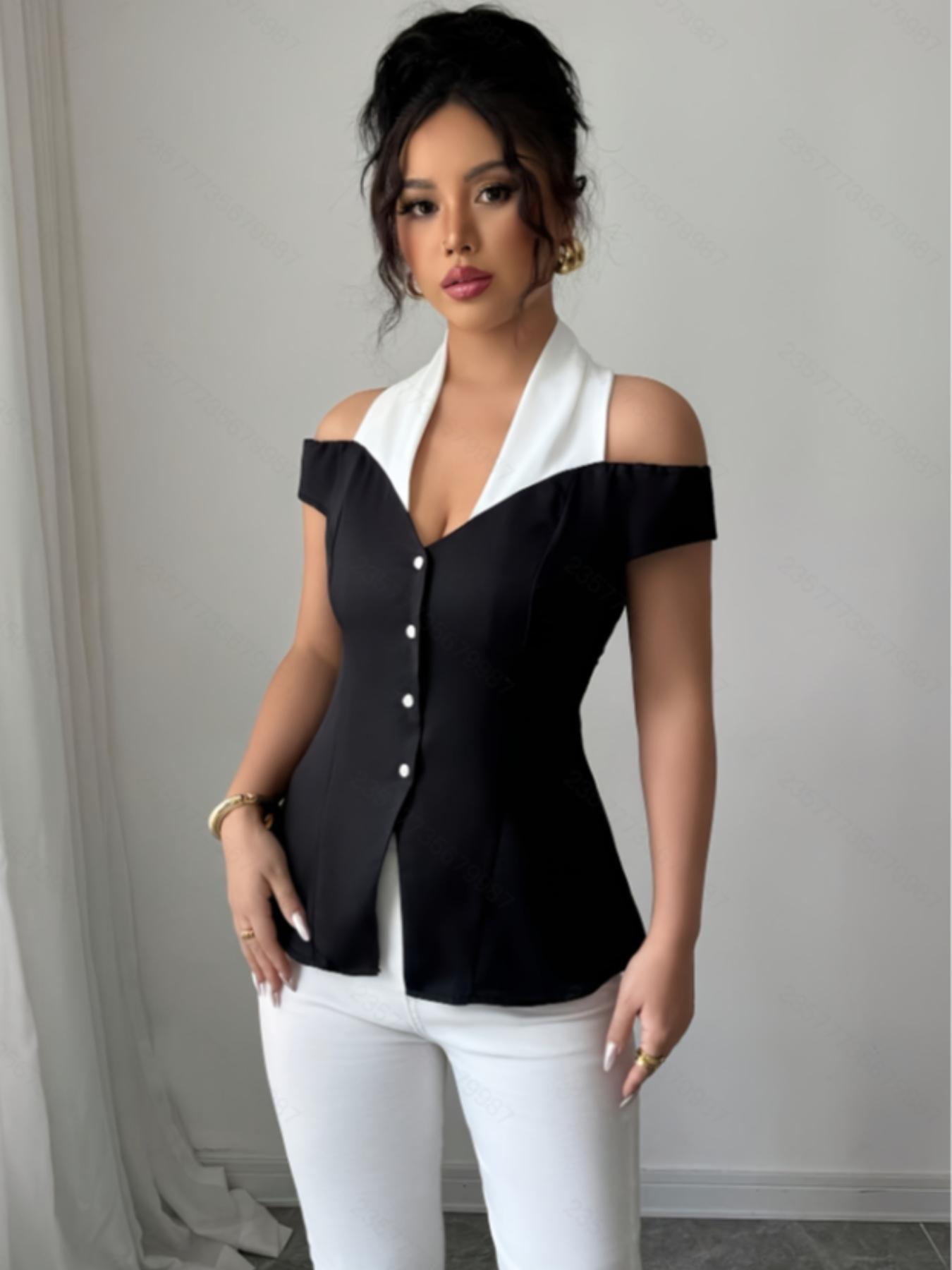 Women's Elegant Commuter Colorblock Off-Shoulder Halter Neck Top, Casual Everyday Top, womenswear, Summer Wear, Fitted, Stylish, Chic and Comfortable, Perfect for Office and Casual