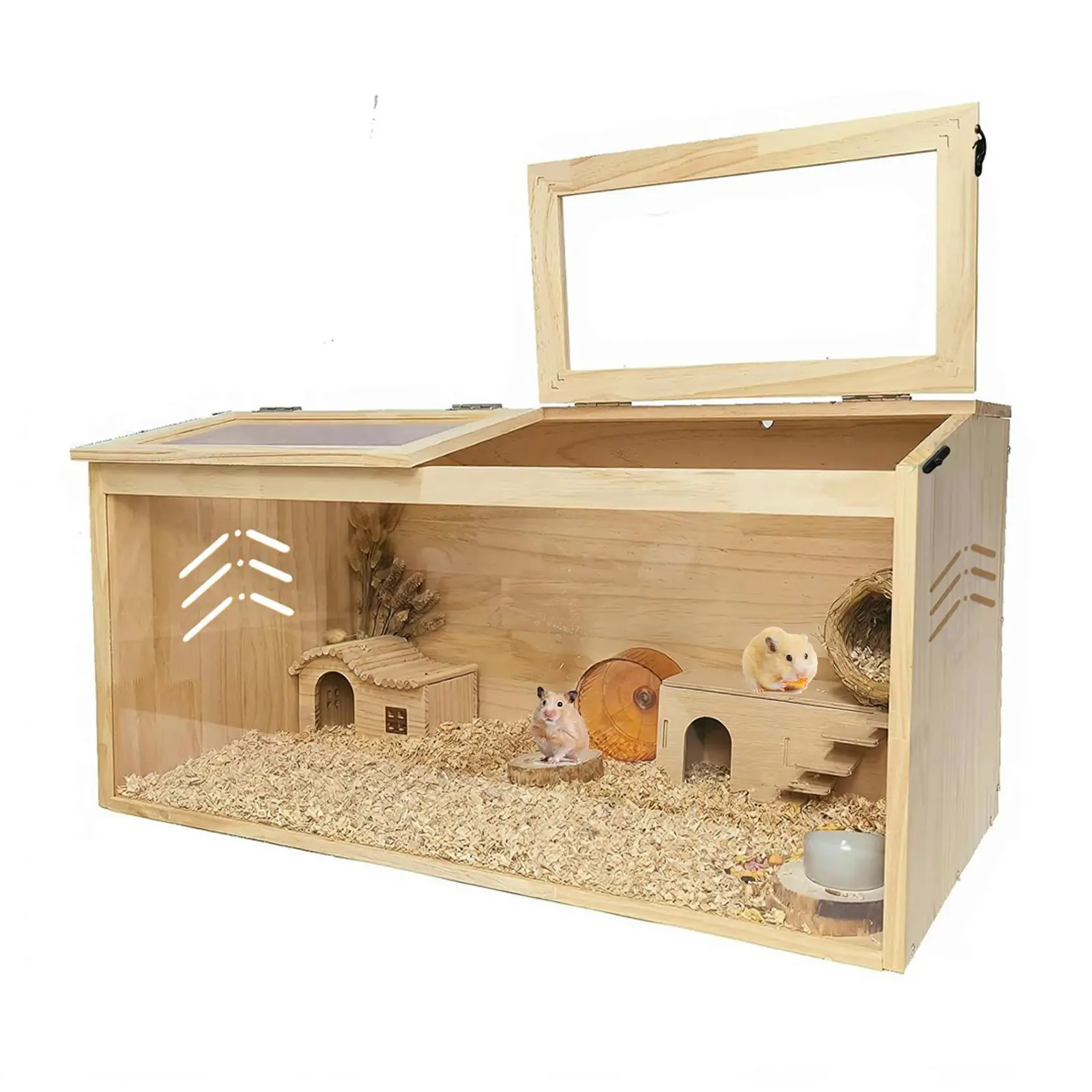 Large Wood Hamster Cage Indoor Guinea Pig Cages with 2 Lockable Top Covers & Acrylic Viewing Window, Critter Nation Cage for Syrian Hamster, Gerbil, Guinea Pig