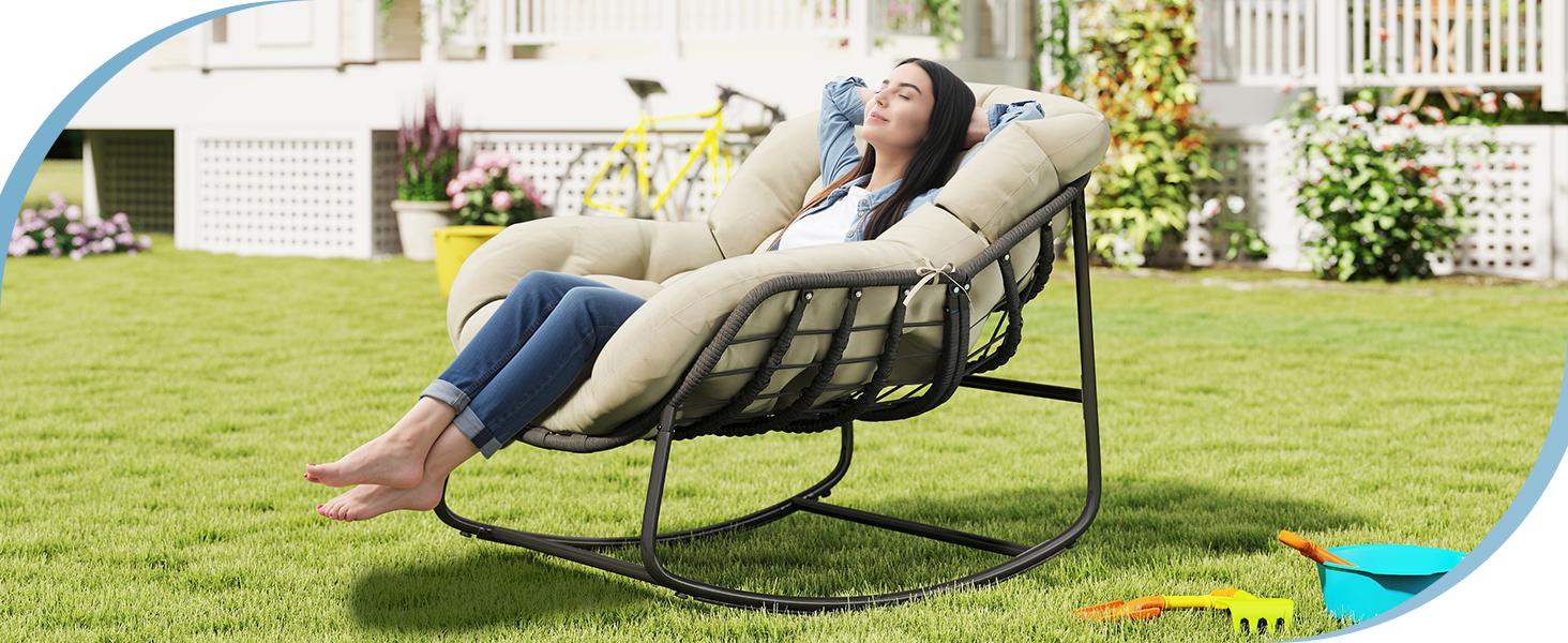 Outdoor Rocking Chair with Thick Cushion,450/550 lbs Capacity, Indoor Egg Rocking Chair with Adjustable Backrest for Backyard, Balcony, Living Room