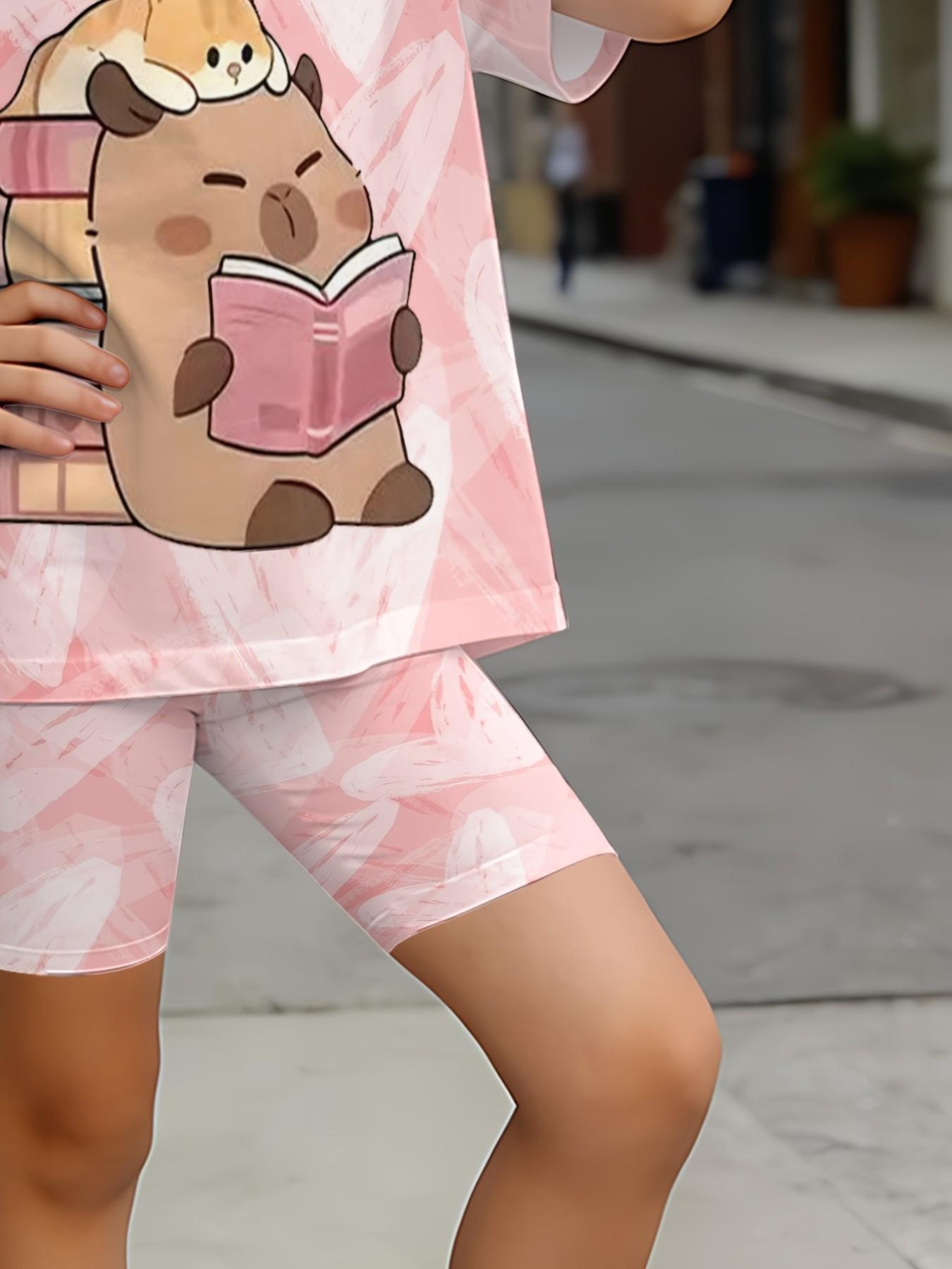 Dopamine Girl Capybara Short Sleeve Cycling Pants Set, Kids Active Casual Streetwear Two-Piece, Fun and Comfortable