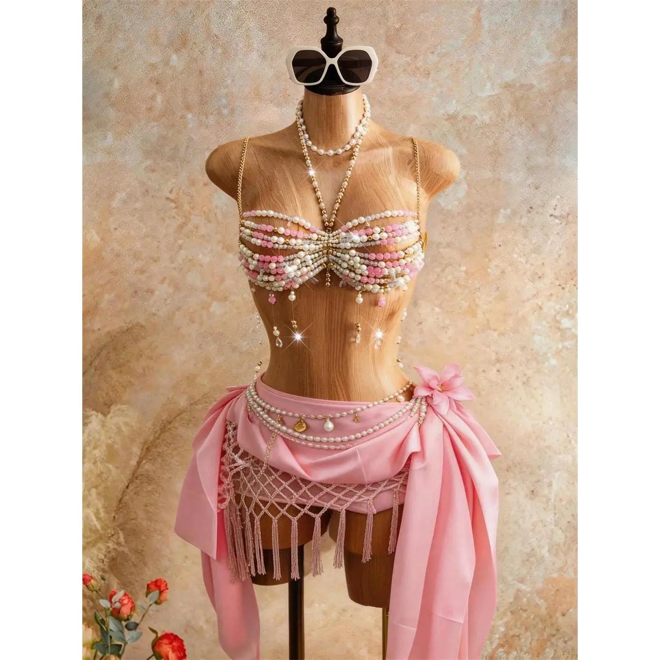 European And American Women's Pink Beaded Vest, Heavily Embellished With Pearl Tassels, Halter Neck, Sexy Hollow-Out Top