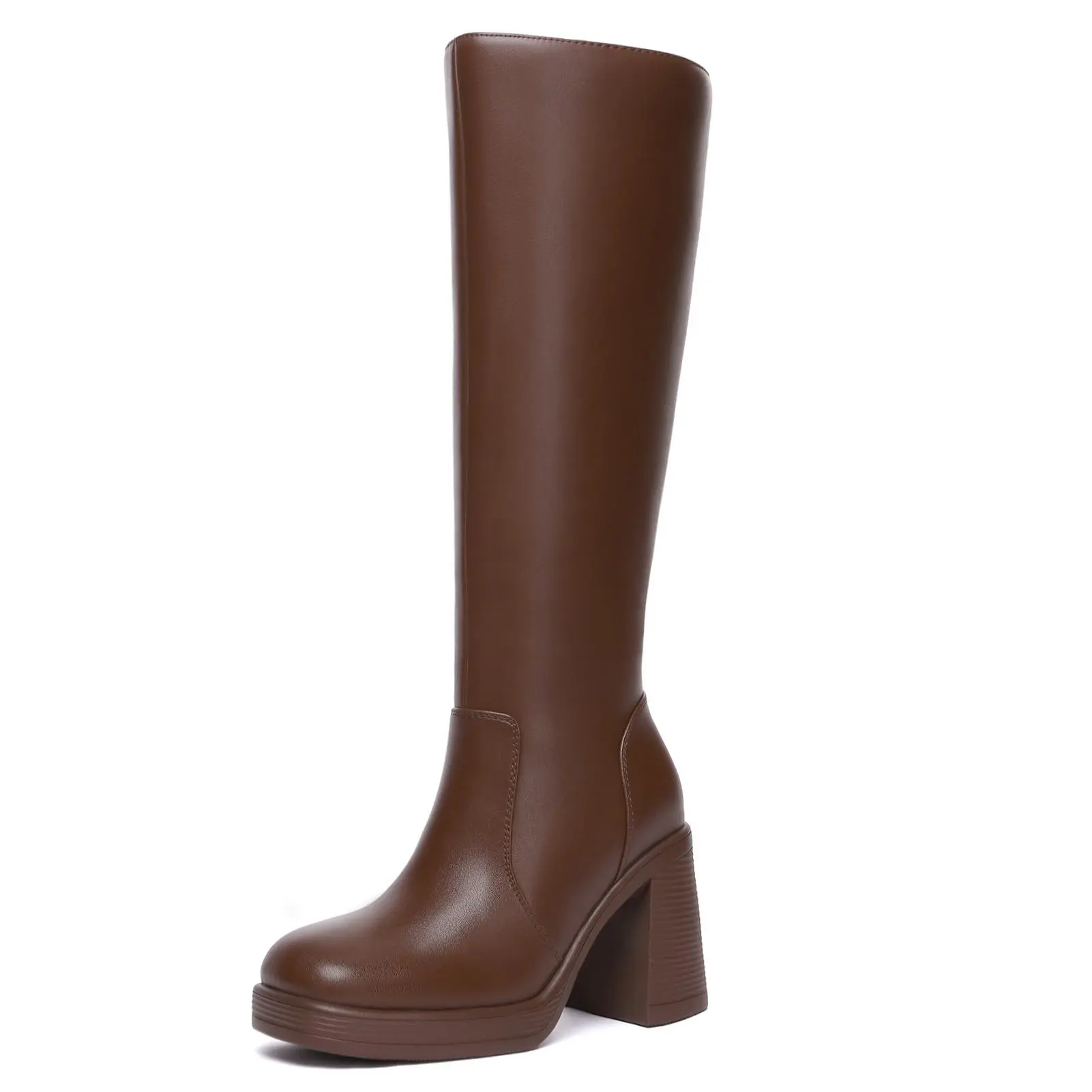 Athlefit Women's PU Leather Platform Boots - 3.15-inch Chunky Heel, Square Toe, Side Zipper, Comfortable Sole, Stylish Fashion Booties