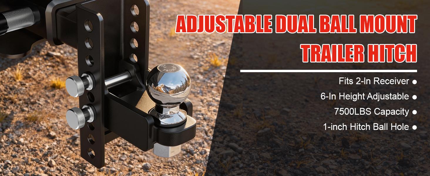 TYT Adjustable Trailer Hitch for 2" Receiver, 6" Drop/Rise, 2" Tow Ball, 7,500 lbs GTW / 750 lbs TW, Includes Two Pins and One Anti-Theft Pin Lock, Towing, Locks Tow Ball, Drop Hitch With 2