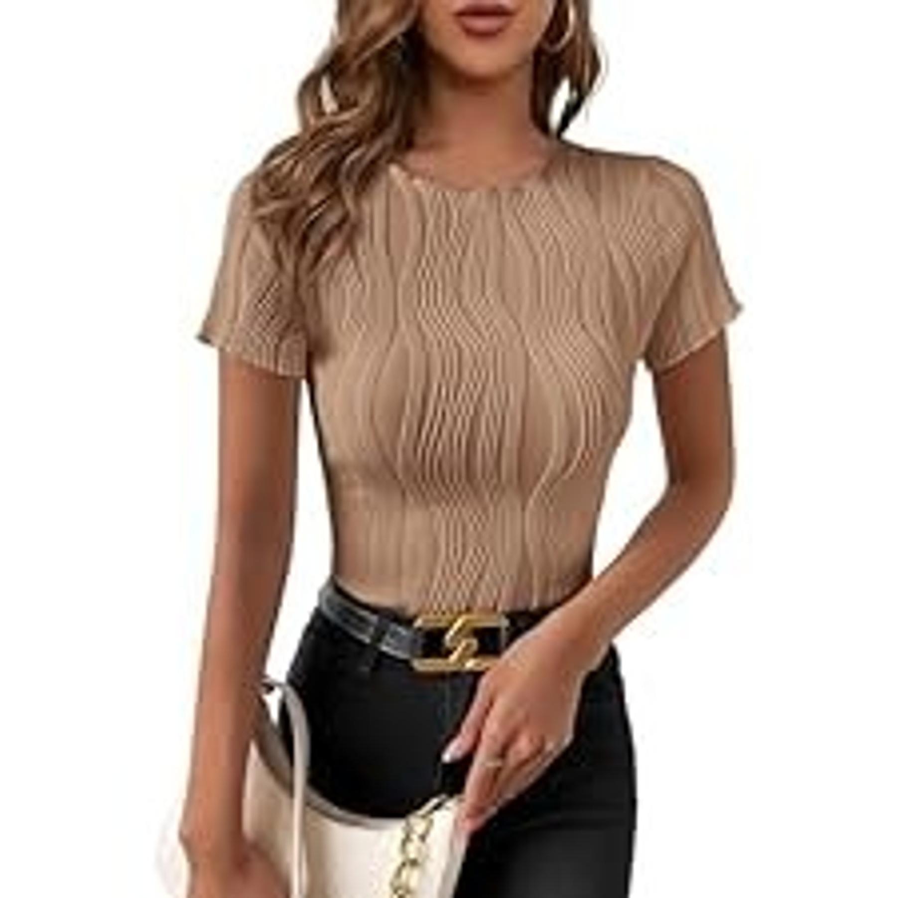 Women's 2026 Summer Ruffle Short Sleeve Crewneck Swiss Dots Solid Loose Tunic Work Blouses(Gift)