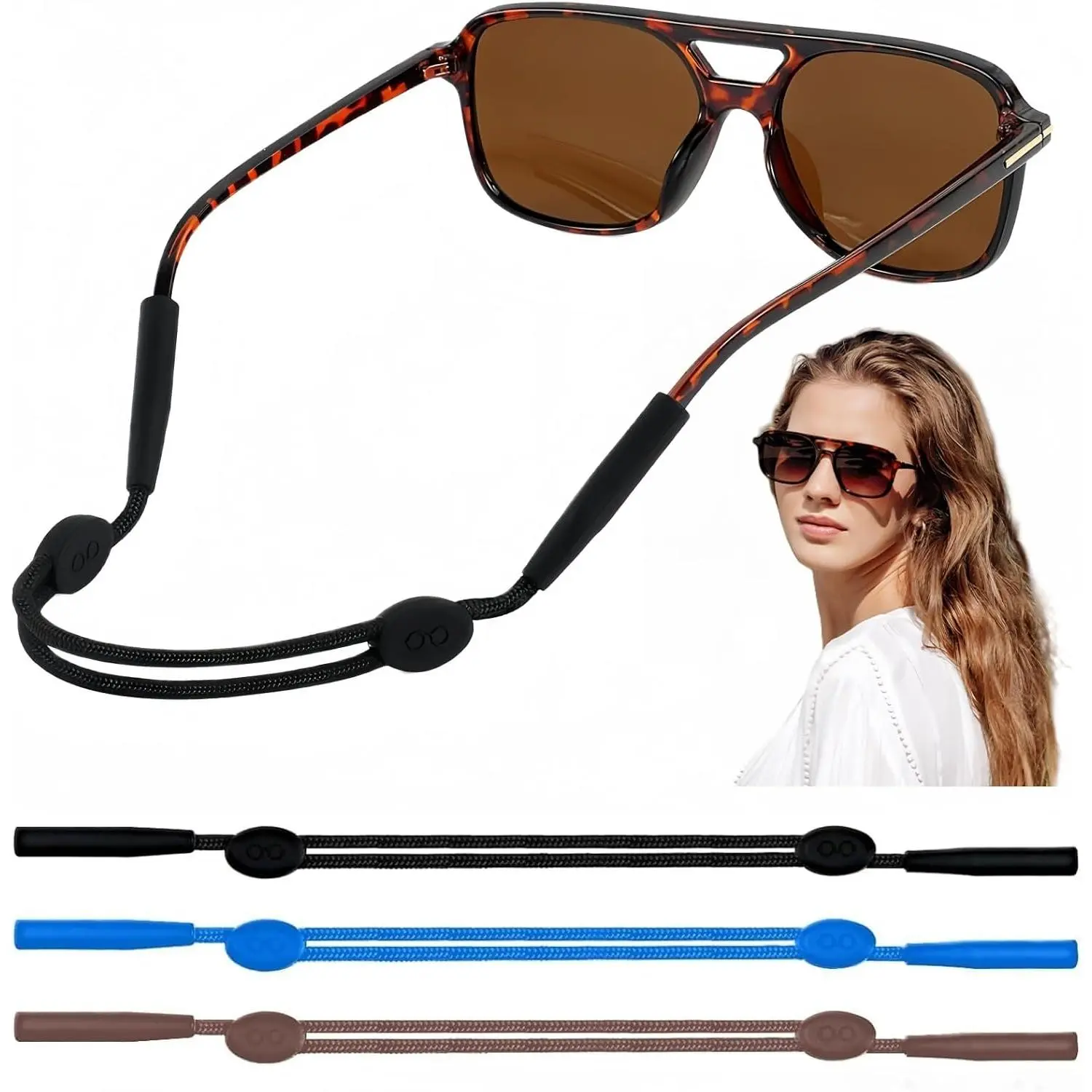 Glasses Strap, 3 count No Tail Adjustable Sunglasses Strap Holder for Women Men , Eyeglass Holders Around , Eyewear String Lanyard Retainer (Black, 8-14 in)