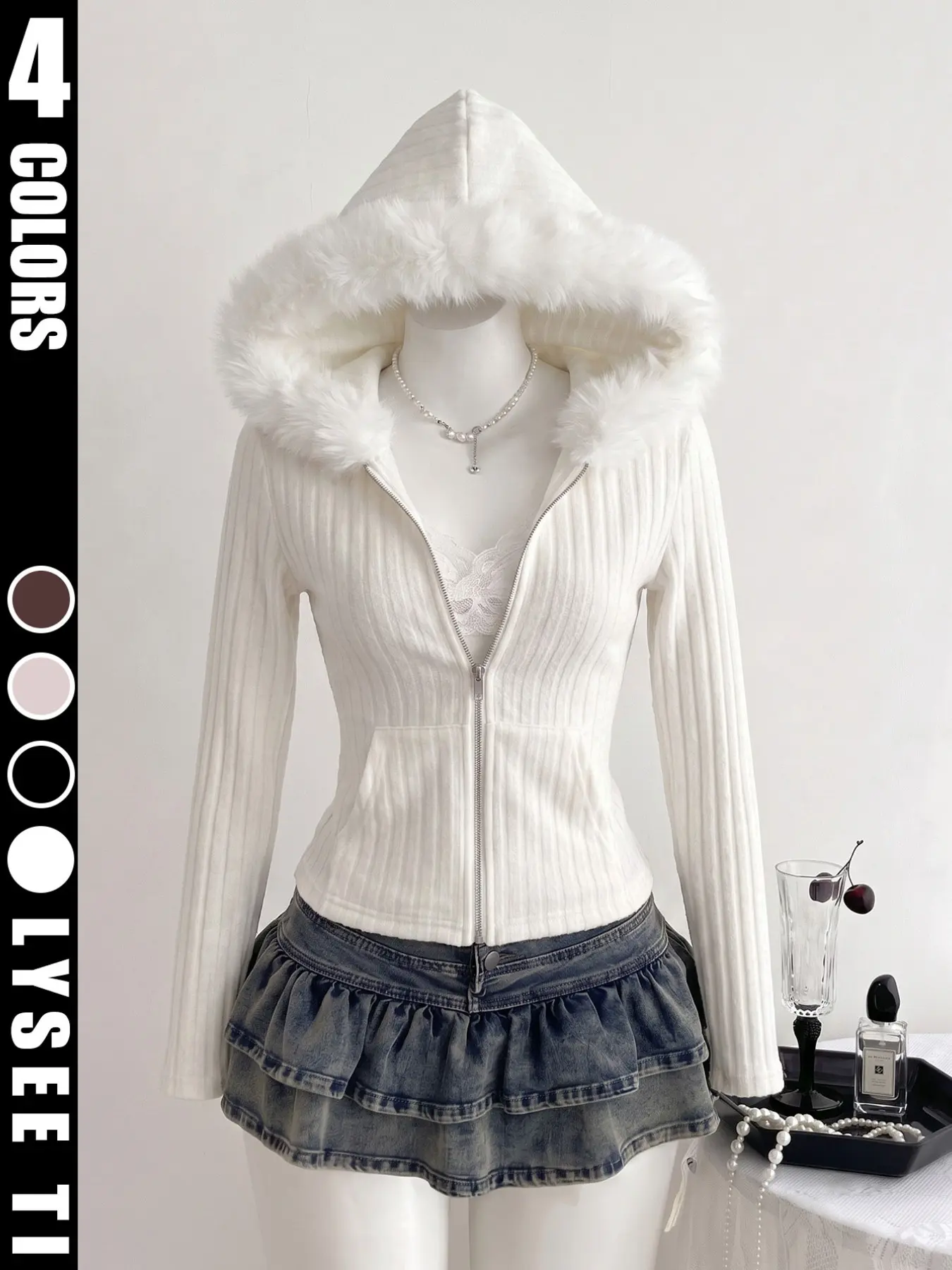 Women's Hooded Zipper Jacket with Fur Collar, Slim Fit Waistcoat, Short Sleeve Design, Perfect for Daily Wear & Casual, Everyday