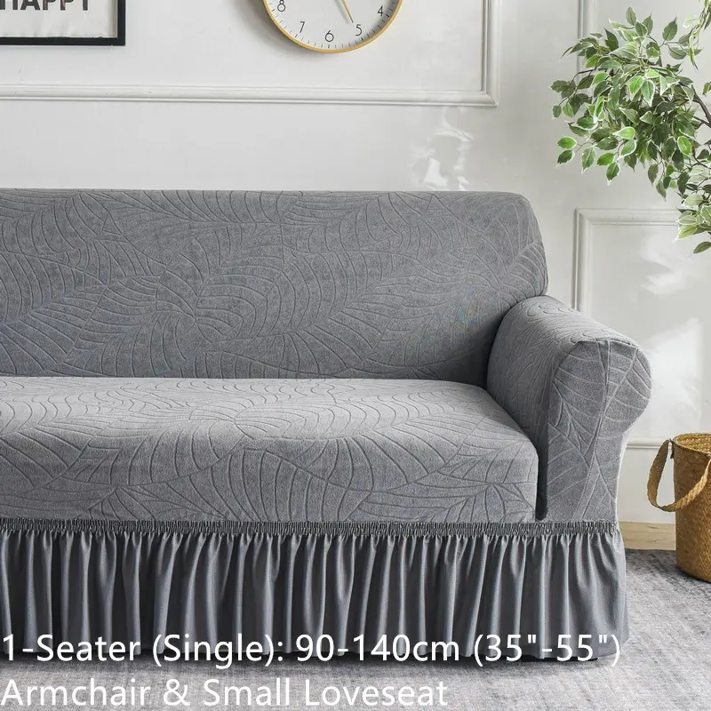 Water Repellent Stretch Sofa Cover, Ruffle Skirt, Leaf Jacquard, Anti-Slip, Pet & Kids Friendly, Furniture Protector for 1/2/3 Seater, Washable Elastic Sofa Slipcover