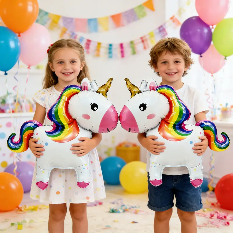 Two large rainbow unicorn foil balloons are perfect for birthday parties and holiday decorations.