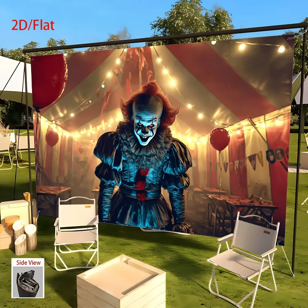 2D Flat, 1pc Pennywise Clown Party Background Banner - 2D/Flat Polyester Fabric with Red and White Striped Tent, Balloons, and String Lights, Suitable for Home, Office, Bar, Cafe Decorations - Perfect for Midsummer, Birthdays, and Themed Events