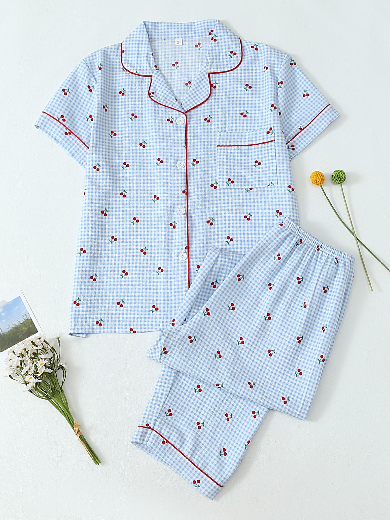 Women's Heart Print Short Sleeve Pajama, Casual Comfy Heart Print and Striped Lapel Neck Pocket Shirt & Pants PJ Set, Ladies Sleepwear for All Seasons, Loungewear, Pyjamas, Womenswear