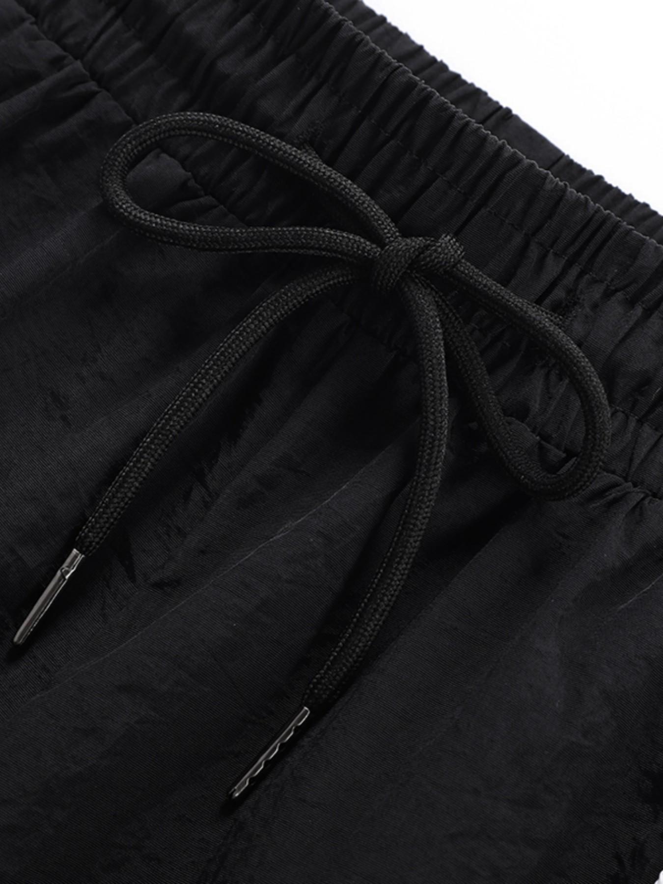 Men's Urban Style Casual Shorts, 100% Nylon Lightweight, Curved Contrast Stripe, Graphic Print, Elastic Drawstring Waist Loose Summer Shorts