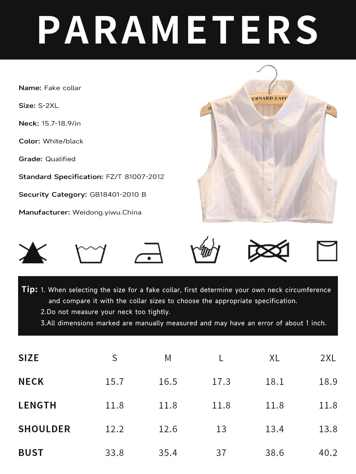 Ladies' decorative fakes collar, a pure cotton white round collar, is available in multiple size specifications, including M, L, XL and 2XL. It can be paired with various coats and is suitable for wearing on all kinds of occasions.