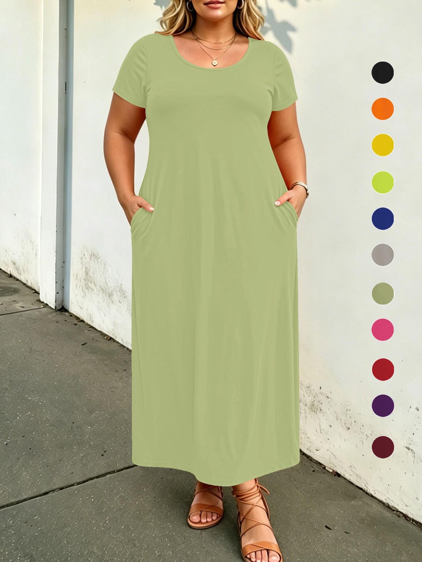 Plus Size Solid Color Loose Maxi Dress, Short Sleeve, Round Neck, Side Pockets, Curvy Daily Wear, Tummy Hiding