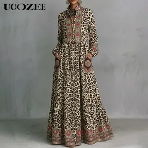 UOOZEE Women's Maxi Shirt Dress, Vintage Bohemian Style Leopard Paisley Print, Silky Smooth Satin with Mandarin Collar and Pockets