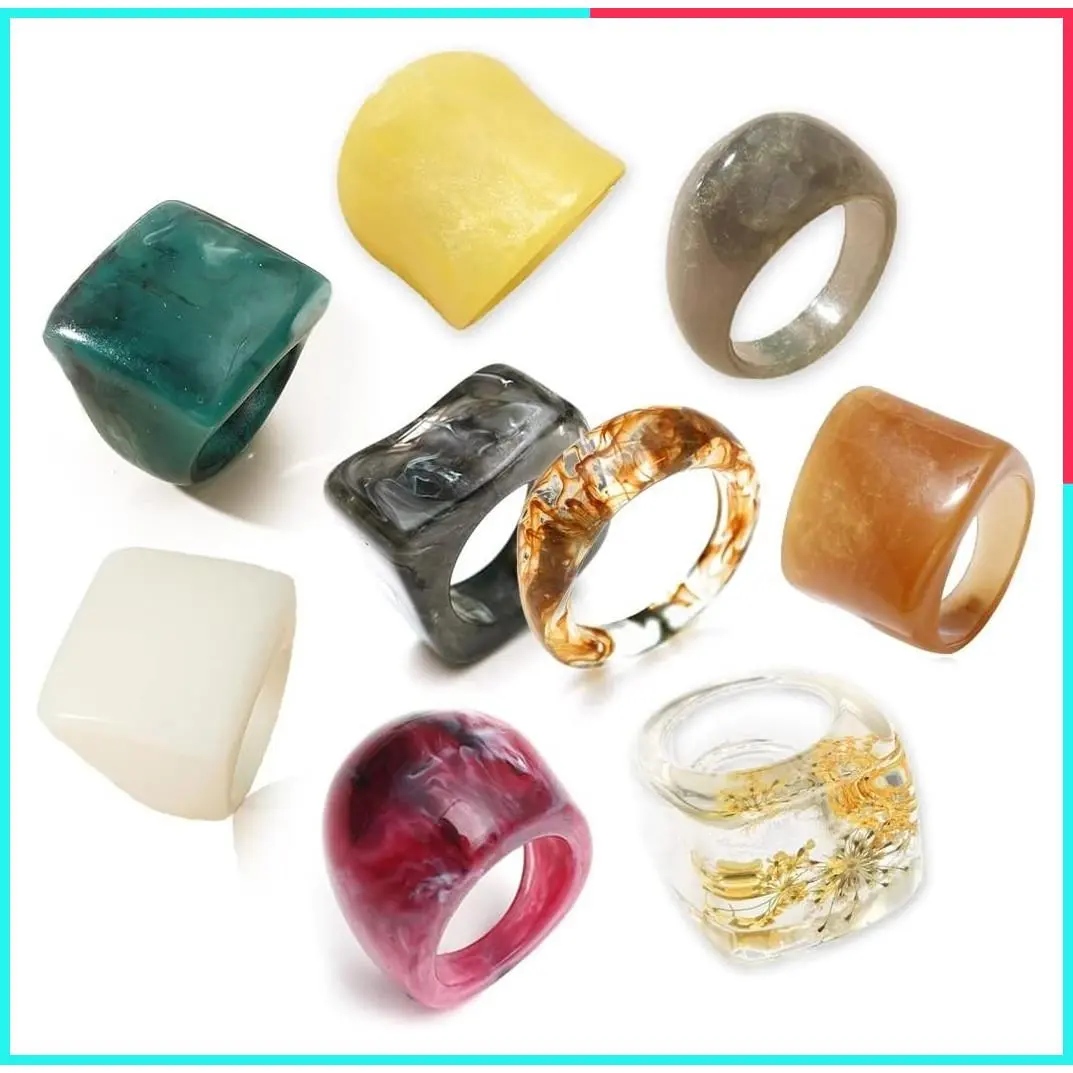 Chunky Acrylic Resin Ring Set Wide Thick Dome Knuckle Stackable Retro Transparent Vintage Plastic Rings