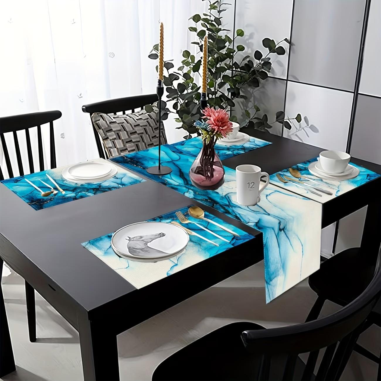2D flat printing, 5-piece set/7-piece set table flag, dining mat, blue turquoise marble tablecloth, modern marble texture tablecloth, suitable for restaurant kitchen, wedding, holiday, party table decoration