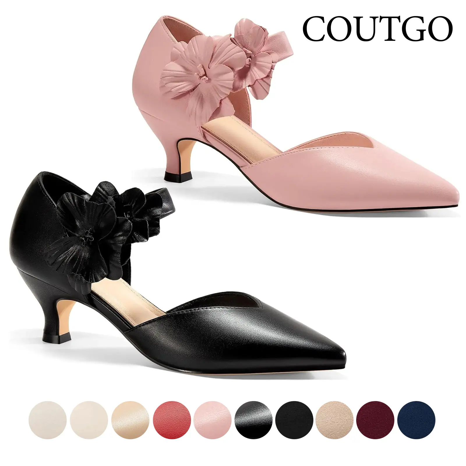 Coutgo Women's Low Kitten Heels Dressy Shoes Comfortable Closed Toe Flower Slip On Formal Party Dance Heeled Pumps Classy Fashion Decor Footwear tiktokshopbacktoschool