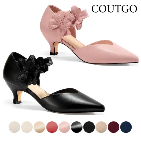 Coutgo Women's Low Kitten Heels Dressy Shoes Comfortable Closed Toe Flower Slip On Formal Party Dance Heeled Pumps Classy Fashion Decor Footwear