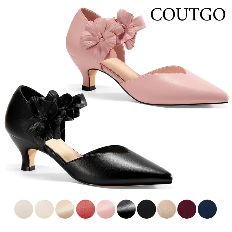 Coutgo Women's Low Kitten Heels Dressy Shoes Comfortable Closed Toe Flower Slip On Formal Party Dance Heeled Pumps Classy Fashion Decor Footwear