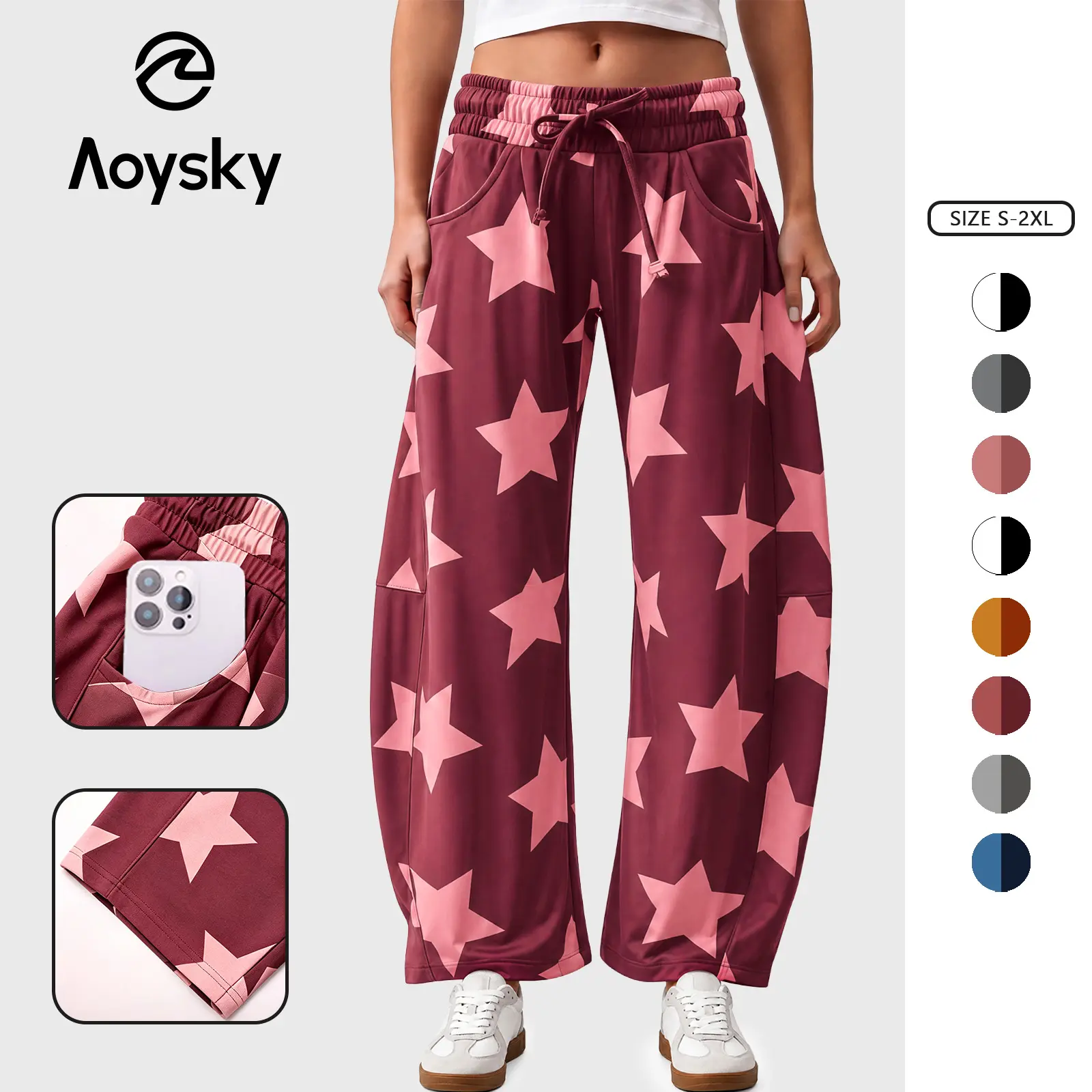Aoysky Women Star Print Sweatpants, Elastic High Waist Drawstring Baggy Streetwear Pants, Casual Side Pockets Loose Fit Ankle Cuff Lounge Trousers,clothes for back to school,first day of school outfits