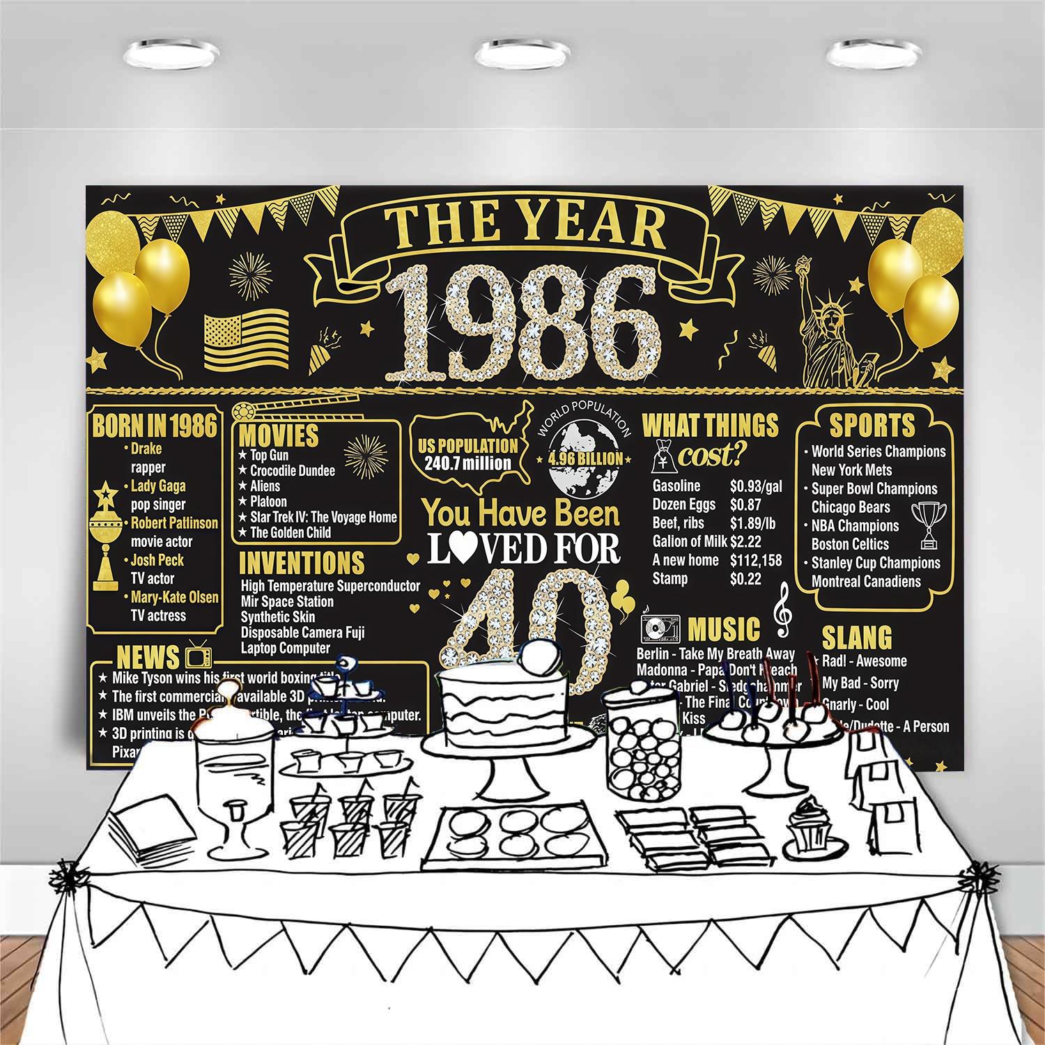 Retro Black Gold 40th Birthday Party Background Cloth, Black Gold 40th Birthday Banner, Retro 1986 Background Poster Photography Background, Polyester Material, Suitable for Photo Booth, Party, Birthday, Celebration, and Indoor/Outdoor Family Birthday