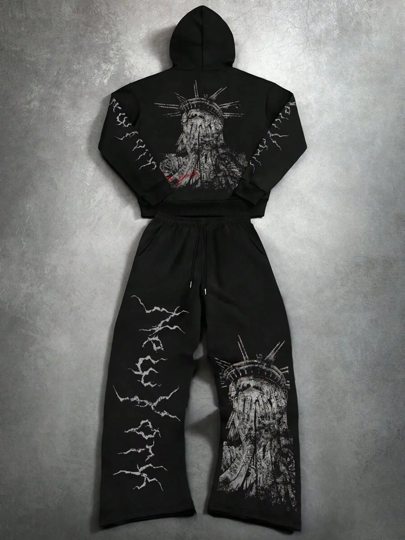 Y2K Alt Gothic Streetwear Matching Hoodie Sweatpants Set Retro Faded Thunder Lightning Print Full Back Statue Liberty Graphic Pullover Hooded Top Elastic Waist Drawstring Sweat Pant Outfit For Hip Hop Nightclub Daily Travel Street Trendy Graphic Tracksuit