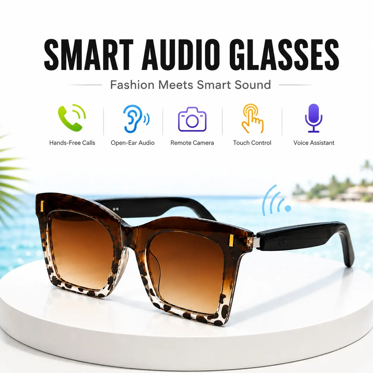 Leopard Pattern Smart Glasses for Men Women, Bluetooth Audio Sunglasses with Open-Ear Speakers, Hands-Free Calling and Remote Camera Control