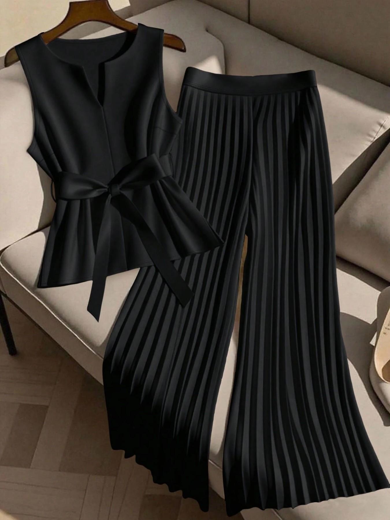 Women's Plus Size Trendy Chic 2 Piece Outfit, Clothes, Sleeveless Top & Pleated Wide Leg Pants Set, Tie Waist V-Neck Plisse Flowy Elegant Office Workwear