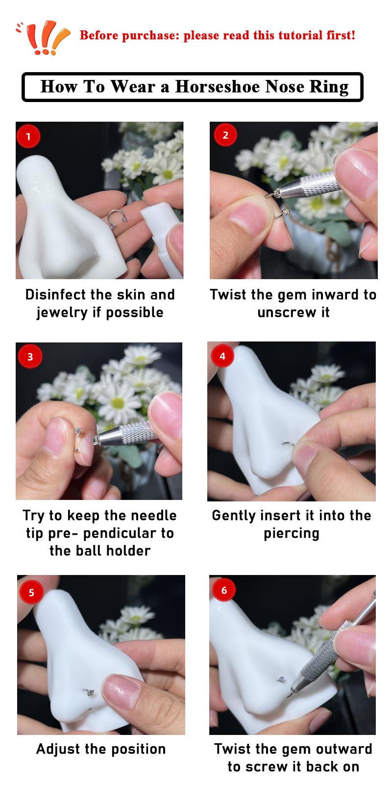 Titanium 20G(0.8mm)/18G(1.0mm) 8mm Horseshoe Nose Hoop Internally Threaded Gems Nose Ring with Free Ball Holder