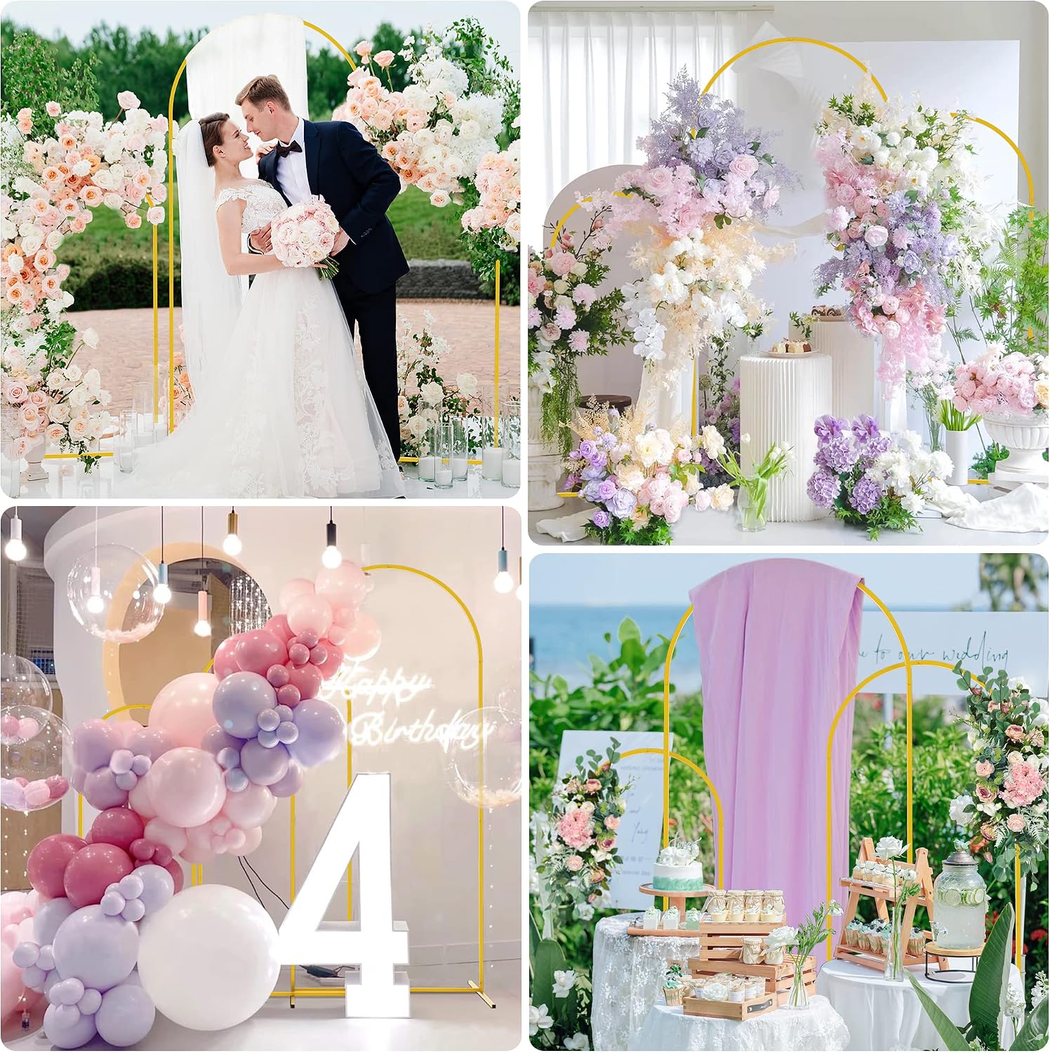 Gold Metal Wedding Arch Backdrop Stand Set Of 3,7.2FT+6.6FT+6FT Detachable Multi‑Height Arch Frame,Stable Base Balloon Garland Stand For Floral Arrangements,Fabric Drapes,Wedding Reception Entrance,Bridal Shower,Birthday Party,Photo Booth