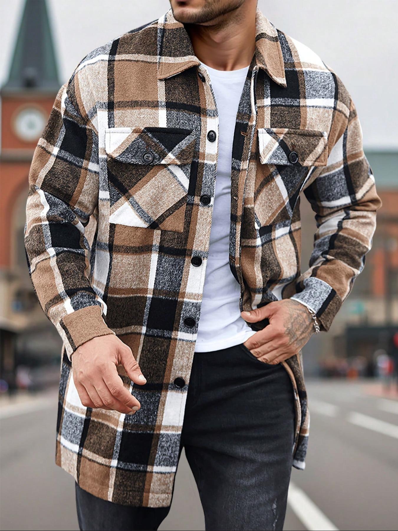 Men's plaid check long coat, Long Sleeve, with a buttoned lapel, loose fit, front button pockets, suitable for daily wear in autumn and winter, comfortable and warm, men's trench coat, autumn and winter