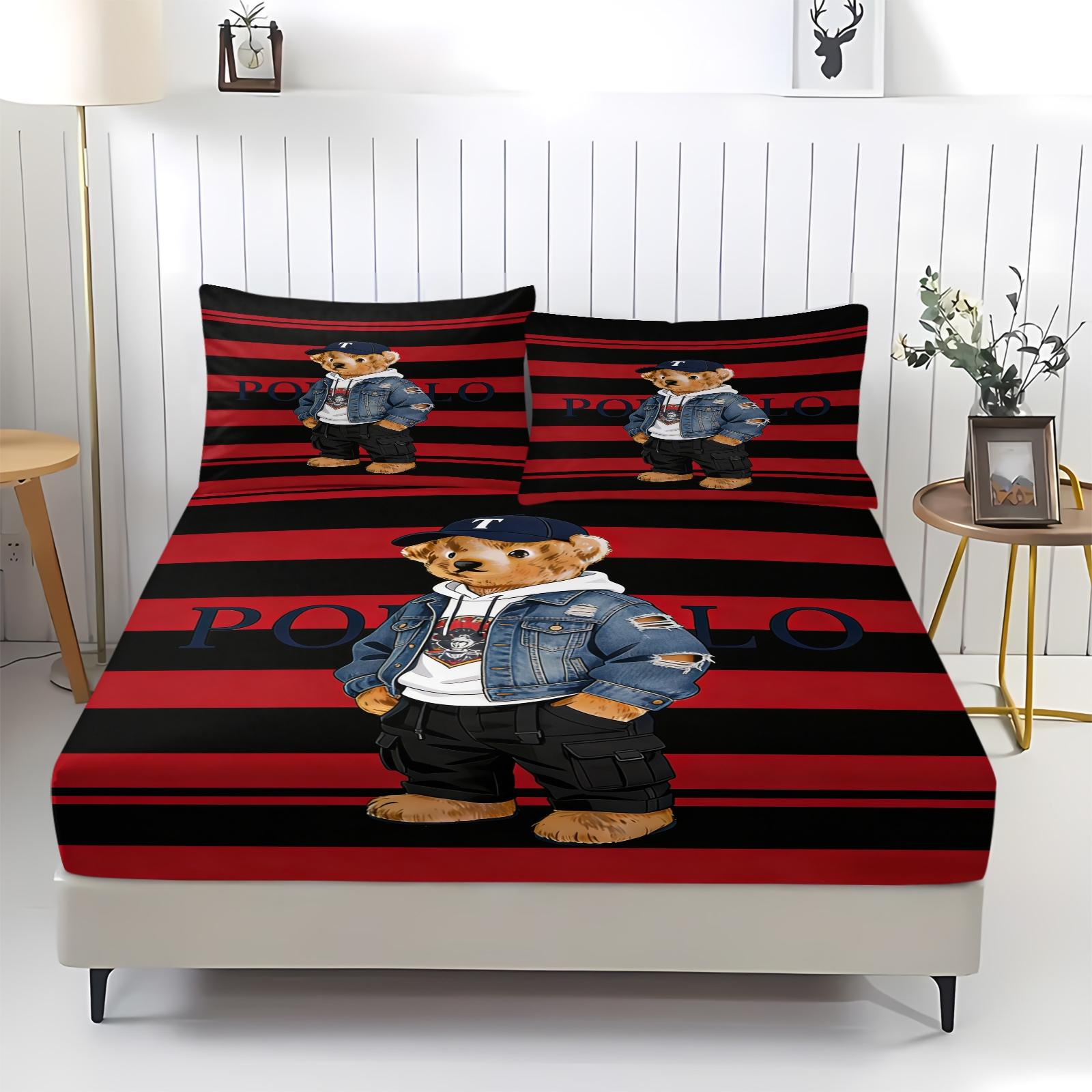 Teddy Bear Pattern Bed Sheet, Comfortable Printed Pattern, Includes 1 Bed Sheet and 2 Pillowcases, Comfortable Bedding, Non slip Dust Cover Suitable for Bedroom and Guest Room, Suitable as a Gift for Children or Adults