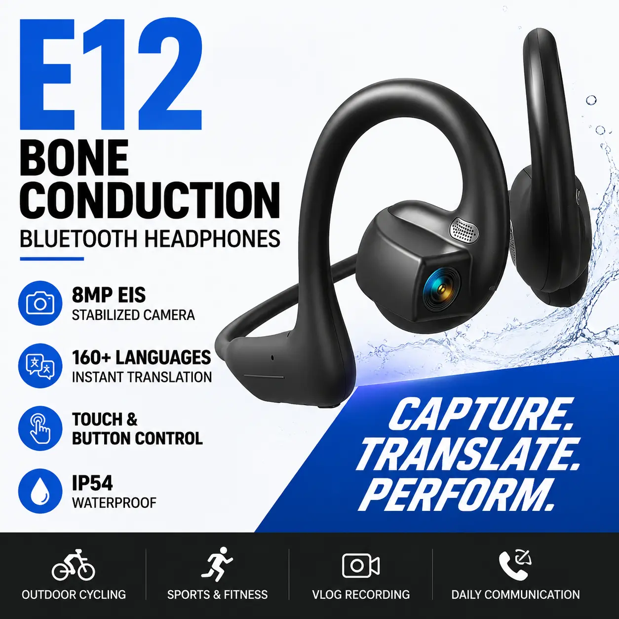 Advanced Open Ear Bone Conduction Bluetooth Audio Device - 8MP Camera, Instant Voice Translation (160+ Languages), Hands-Free Touch & Button Controls, Waterproof, Lightweight Sports Headset for Vlog Creators, Outdoor Recording