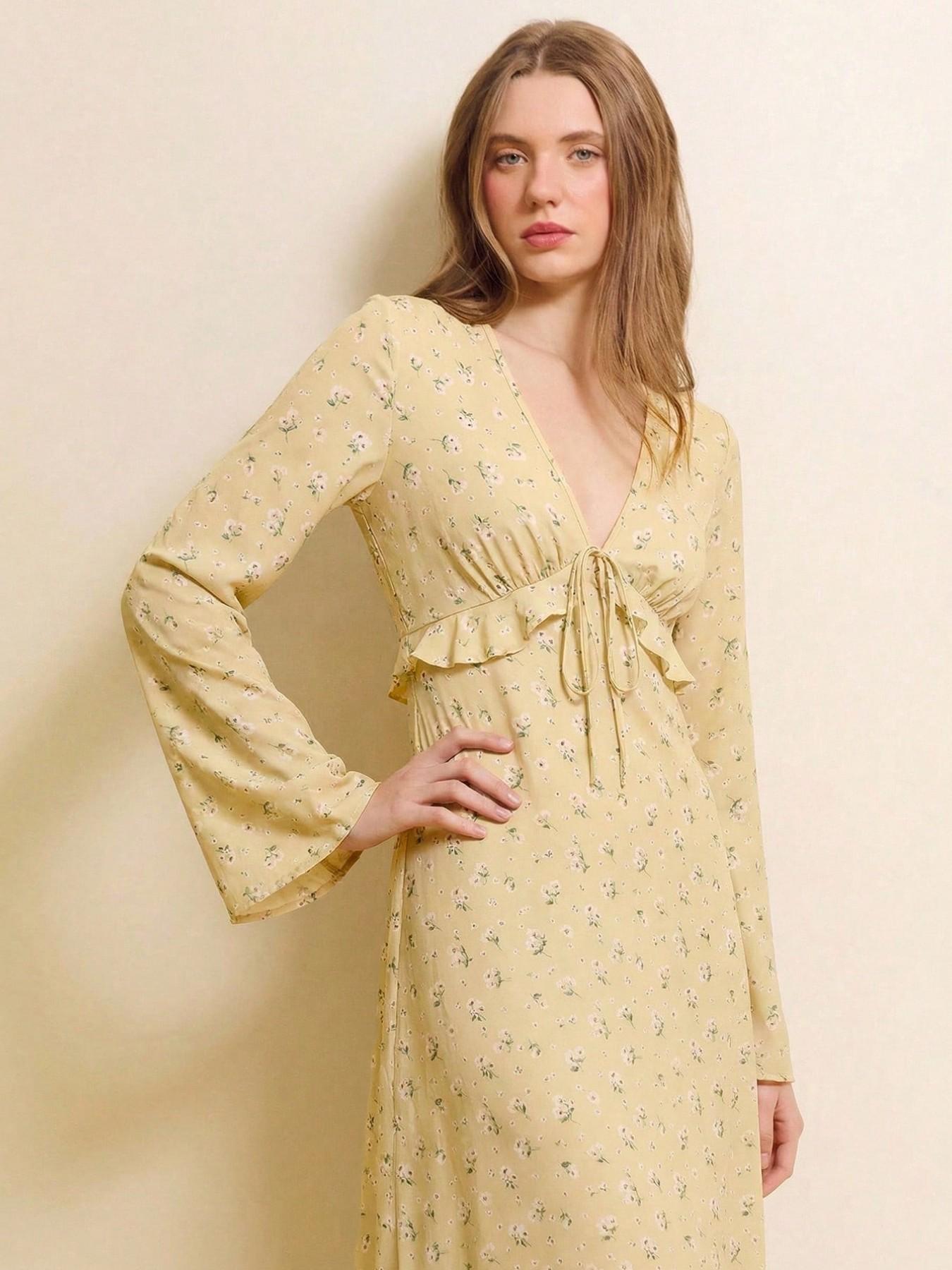 Women's Floral Print V-Neck Belted Midi Dress, Ruffle Details & Long Sleeves, Spring Vacation Dress, Ladies' Long Sleeve Dress