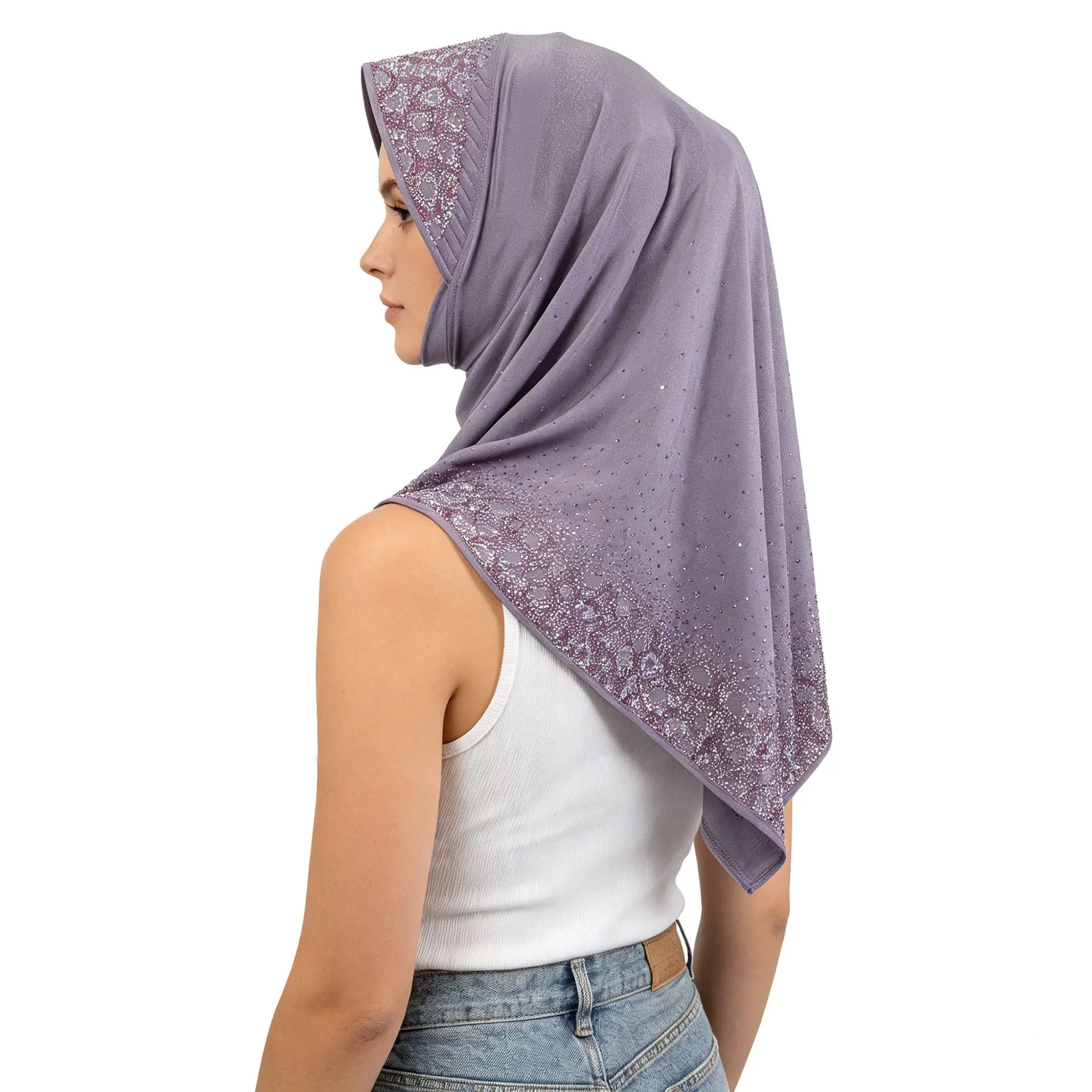 Modest Rhinestone Pattern Instant Hijab - Breathable Stretch Jersey, Back Scalloped Hem, Pull-On Khimar Cap for Party, Prayer, Casual Wear (Sports Headband Accessory), Ladies Casual Wear