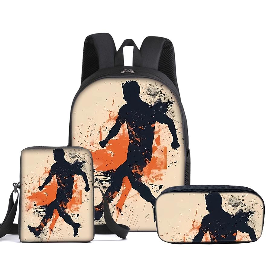 CR7 Football pattern printed 16-inch Soccer Backpack three-piece set (single-layer backpack + small shoulder bag + single-layer pencil bag)